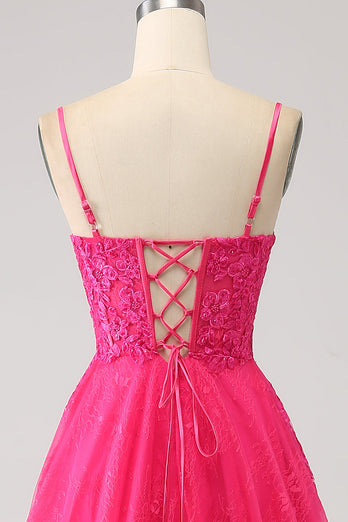 Robe de soirée longue en dentelle corset trapèze fuchsia avec fente