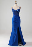 Robe de Soirée Corset bleu Royal perlé avec fente