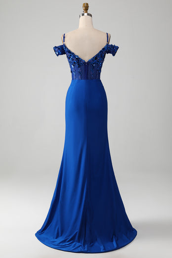 Robe de Soirée Corset bleu Royal perlé avec fente