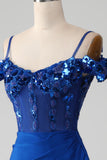 Robe de Soirée Corset bleu Royal perlé avec fente