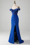 Robe de Soirée Corset bleu Royal perlé avec fente