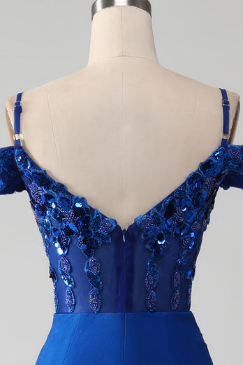 Robe de Soirée Corset bleu Royal perlé avec fente