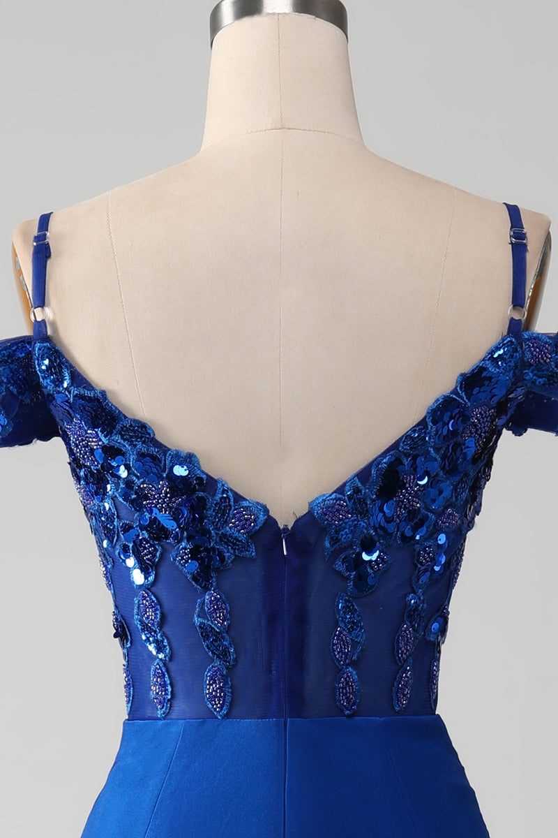 Charger l&#39;image dans la galerie, Robe de Soirée Corset bleu Royal perlé avec fente