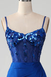 Robe de Soirée Corset bleu Royal perlé avec fente