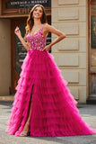 Magnifique une ligne Spaghetti Bretelles Fuchsia Longue robe de soirée avec Appliques Volants