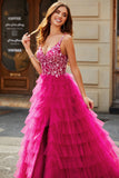 Magnifique une ligne Spaghetti Bretelles Fuchsia Longue robe de soirée avec Appliques Volants