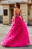 Magnifique une ligne Spaghetti Bretelles Fuchsia Longue robe de soirée avec Appliques Volants