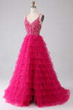 Robe de Soirée longue princesse fuchsia à bretelles spaghetti et paillettes à plusieurs niveaux avec fente