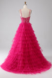 Robe de Soirée longue princesse fuchsia à bretelles spaghetti et paillettes à plusieurs niveaux avec fente