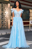 Charger l&#39;image dans la galerie, Magnifique une ligne hors de l’épaule bleu clair Corset robe de soirée avec plume