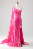 Robe de Soirée brillante Fuchsia sirène une épaule Appliques avec fente