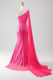 Robe de Soirée brillante Fuchsia sirène une épaule Appliques avec fente