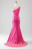 Robe de Soirée brillante Fuchsia sirène une épaule Appliques avec fente