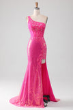 Robe de Soirée brillante Fuchsia sirène une épaule Appliques avec fente