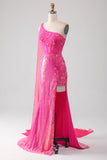 Robe de Soirée brillante Fuchsia sirène une épaule Appliques avec fente