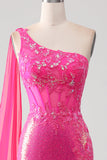 Robe de Soirée brillante Fuchsia sirène une épaule Appliques avec fente