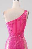 Robe de Soirée brillante Fuchsia sirène une épaule Appliques avec fente