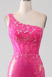 Robe de Soirée brillante Fuchsia sirène une épaule Appliques avec fente