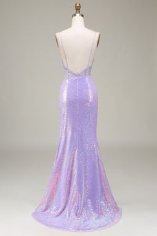 Sirène scintillante clair violet Corset robe de Soirée avec fente