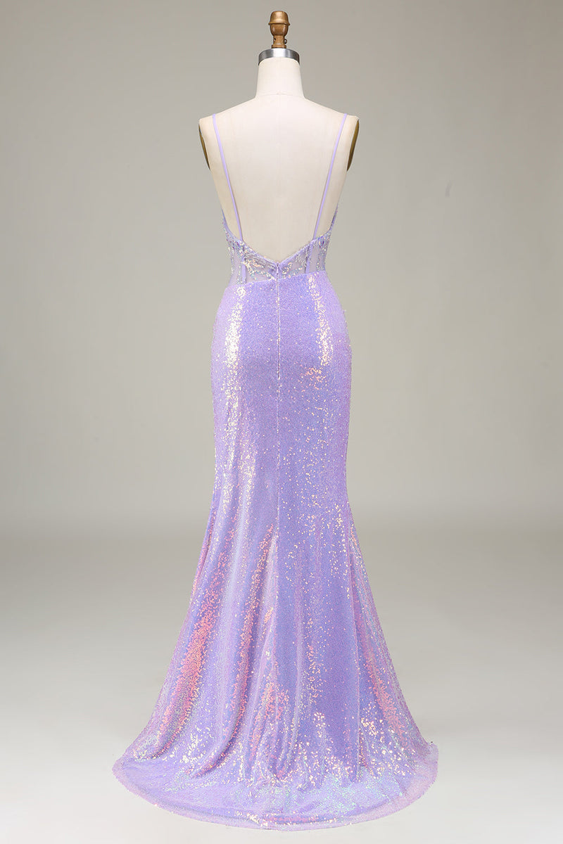Charger l&#39;image dans la galerie, Sirène scintillante clair violet Corset robe de Soirée avec fente