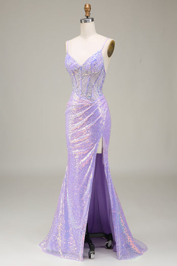 Sirène scintillante clair violet Corset robe de Soirée avec fente