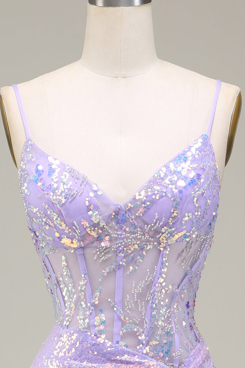 Charger l&#39;image dans la galerie, Sirène scintillante clair violet Corset robe de Soirée avec fente