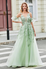 Robe de soirée en tulle à manches amovibles vertes avec appliques