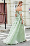 Robe de soirée en tulle à manches amovibles vertes avec appliques