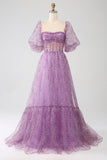 Robe de soirée corset violet à col carré trapèze avec demi-manches