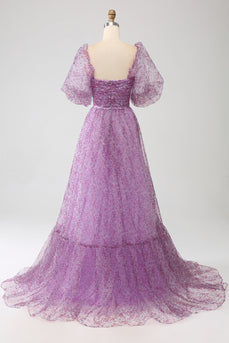 Robe de soirée corset violet à col carré trapèze avec demi-manches