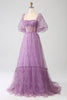 Charger l&#39;image dans la galerie, Robe de soirée corset violet à col carré trapèze avec demi-manches