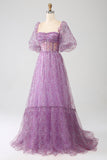 Robe de soirée corset violet à col carré trapèze avec demi-manches