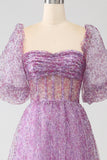 Robe de soirée corset violet à col carré trapèze avec demi-manches