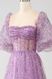 Robe de soirée corset violet à col carré trapèze avec demi-manches