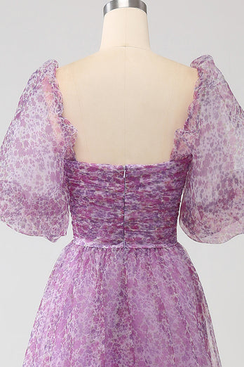 Robe de soirée corset violet à col carré trapèze avec demi-manches