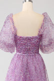 Robe de soirée corset violet à col carré trapèze avec demi-manches