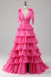 Robe de bal princesse trapèze col V fuchsia avec fente