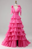 Robe de bal princesse trapèze col V fuchsia avec fente