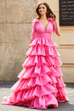 Princesse A-ligne Col V Fuchsia Robe de bal à plusieurs niveaux avec fente