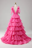 Robe de bal princesse trapèze col V fuchsia avec fente