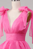 Robe de bal princesse trapèze col V fuchsia avec fente