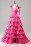 Robe de bal princesse trapèze col V fuchsia avec fente