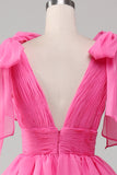 Robe de bal princesse trapèze col V fuchsia avec fente