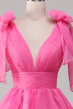 Robe de bal princesse trapèze col V fuchsia avec fente