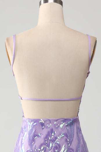 Robe de bal dos nu violet clair avec paillettes