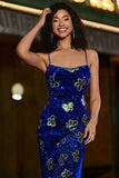 Robe de bal longue à paillettes à bretelles spaghetti sirène bleu royal avec accessoire