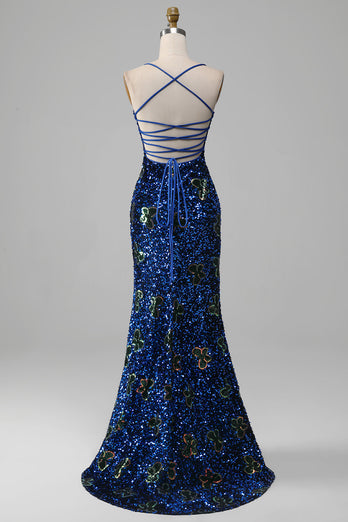 Robe de bal à paillettes à bretelles spaghetti sirène bleu royal avec fente