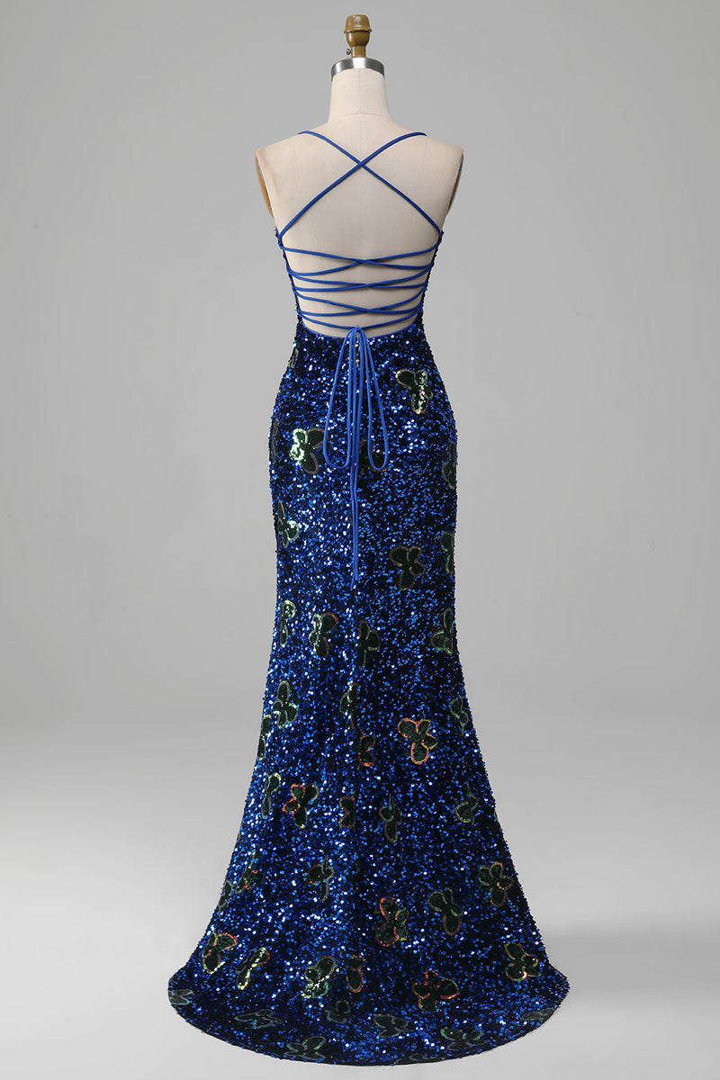 Charger l&#39;image dans la galerie, Robe de bal à paillettes à bretelles spaghetti sirène bleu royal avec fente