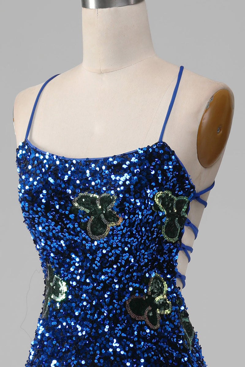 Charger l&#39;image dans la galerie, Robe de bal à paillettes à bretelles spaghetti sirène bleu royal avec fente