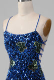 Robe de bal à paillettes à bretelles spaghetti sirène bleu royal avec fente